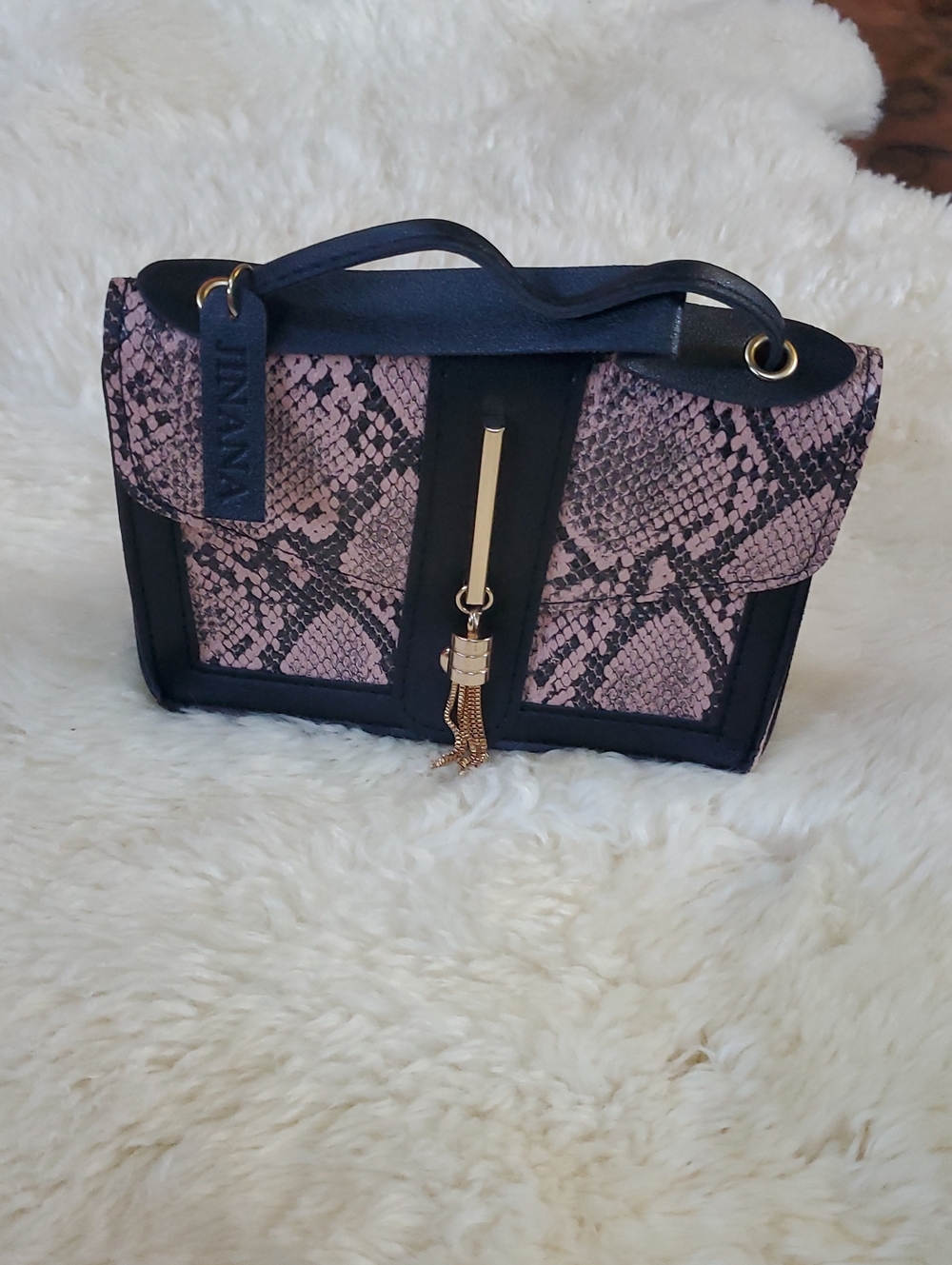 Jinana Pink Snake-Print Satchel with Navy Trim and Gold Tassel